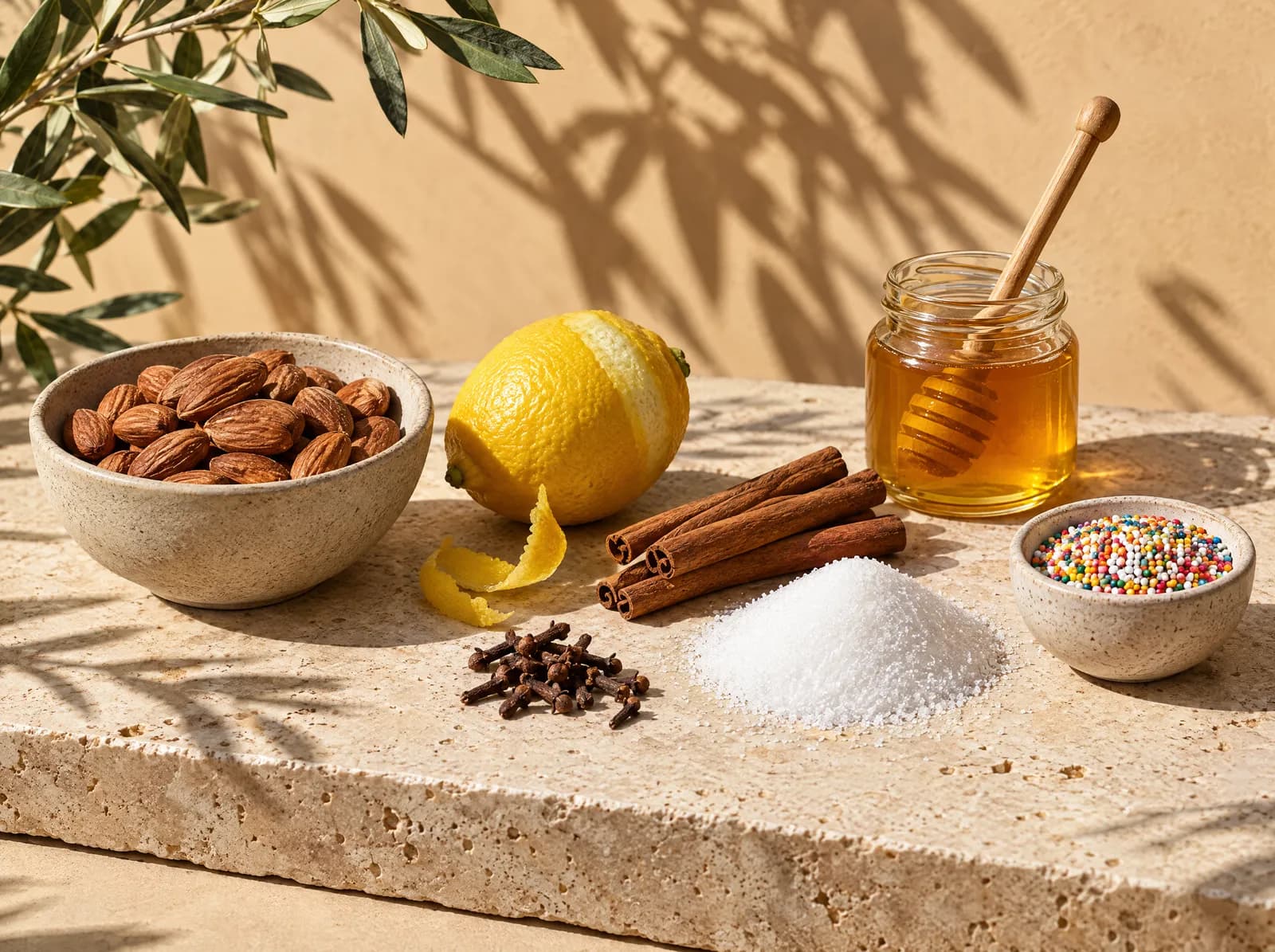 Gli ingredienti della rametta: mandorle tostate, limone, cannella, chiodi di garofano, miele, zucchero e confettini