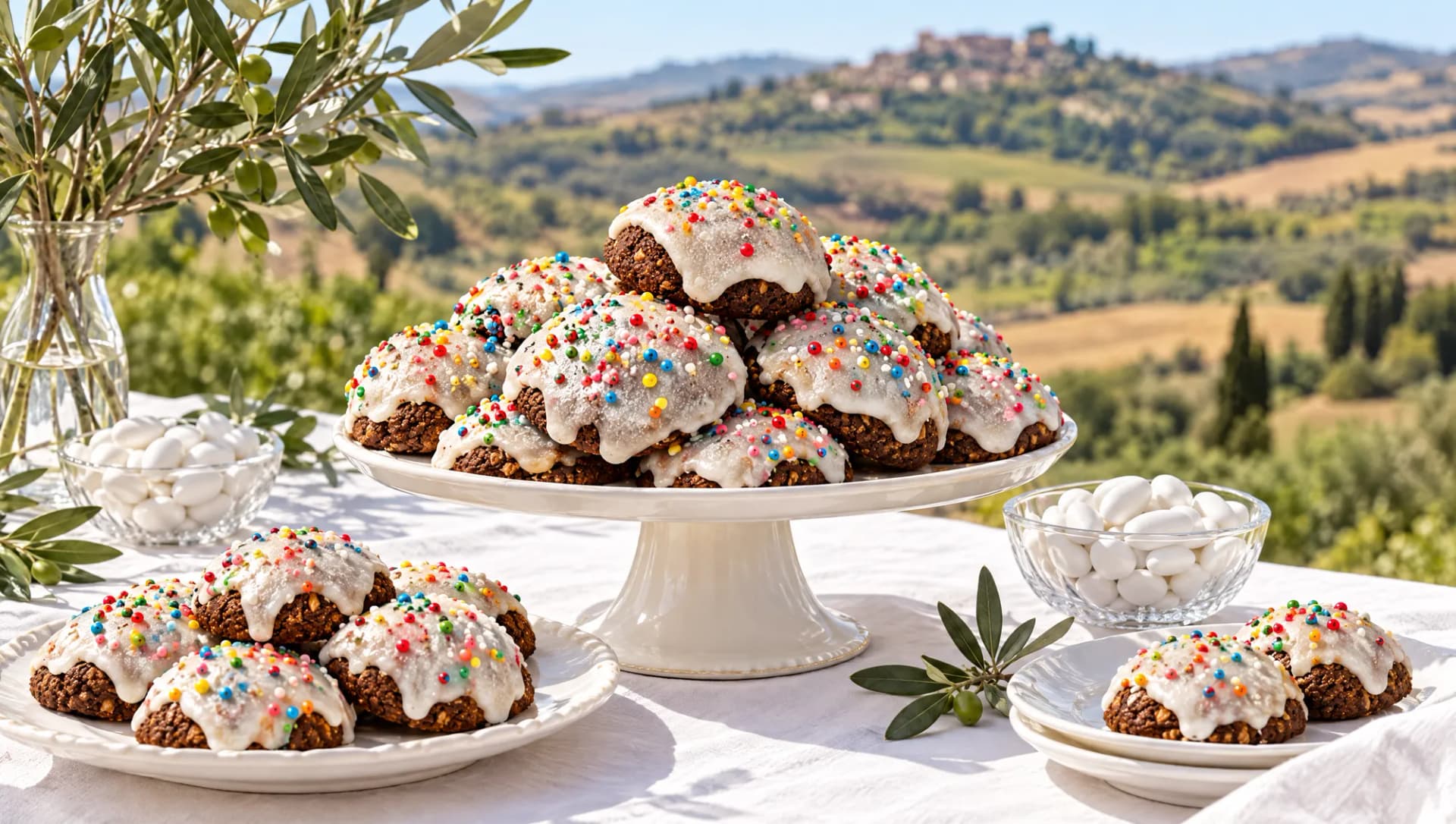 Tavolo dei dolci di un matrimonio in campagna con un'alzata di ramette e ciotole di confetti