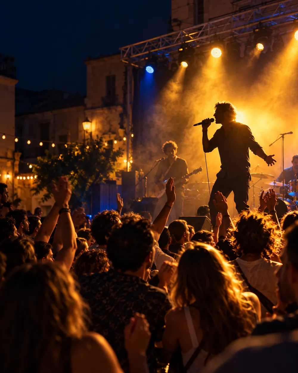 Un concerto di sera in una piazza di paese: il cantante sul palco illuminato e il pubblico sotto con le mani alzate